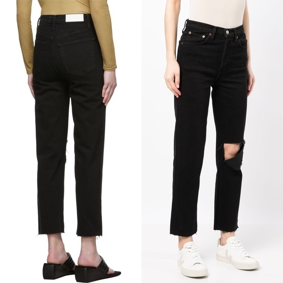 NWT RE/DONE 70s High Rise Rip Knee Raw Hem Ankle Crop Stovepipe Straight Jean 26 - Picture 9 of 13